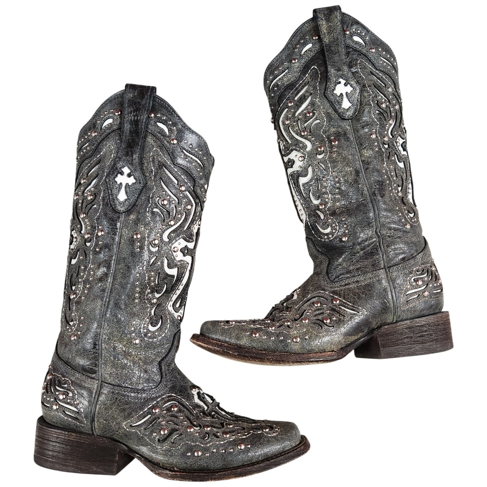 Corral Vintage Cross Square Toe Cowboy Western Boots 6.5M Cross Studded Bling - Picture 12 of 16